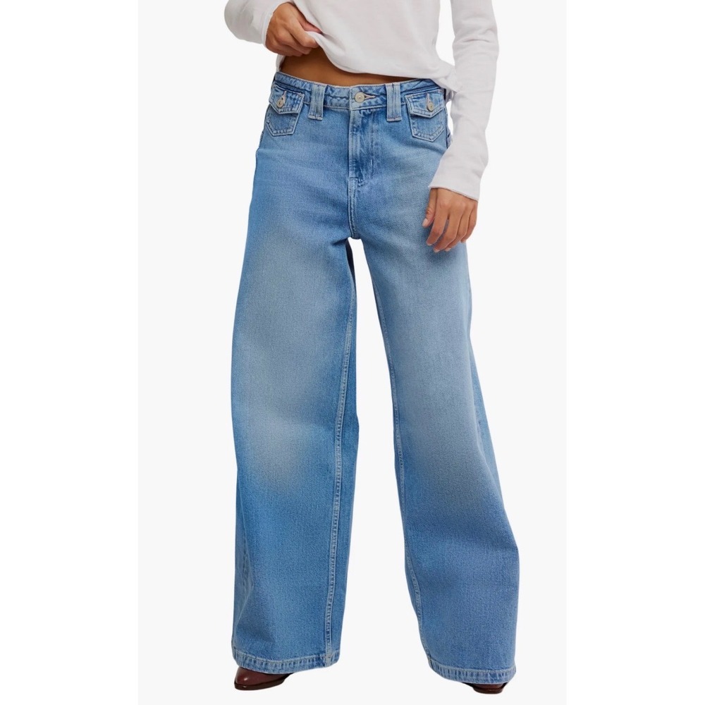 We the free Kellee wide leg extra long palazzo denim pants NWOT plaza blue